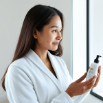 A professional, well-groomed woman in modest, comfortable, long-sleeved attire, gently inspecting the skin on her arm with a discerning expression, perhaps holding a small, unbranded skincare product bottle. The focus is on healthy, hydrated skin texture. The setting is a bright, clean, minimalist spa room with soft, natural lighting. Professional photography, perfect anatomy, correct proportions, natural pose, well-formed hands, proper finger count, natural body proportions, high detail, safe for work, appropriate content, fully clothed, modest clothing, family-friendly.