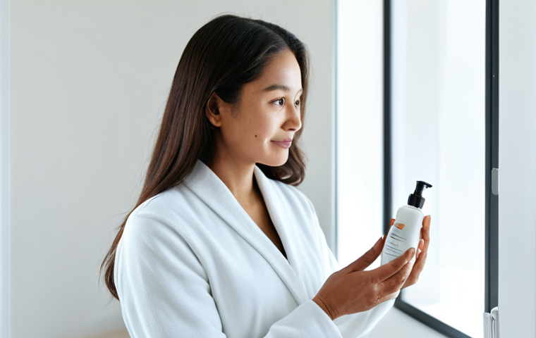A professional, well-groomed woman in modest, comfortable, long-sleeved attire, gently inspecting the skin on her arm with a discerning expression, perhaps holding a small, unbranded skincare product bottle. The focus is on healthy, hydrated skin texture. The setting is a bright, clean, minimalist spa room with soft, natural lighting. Professional photography, perfect anatomy, correct proportions, natural pose, well-formed hands, proper finger count, natural body proportions, high detail, safe for work, appropriate content, fully clothed, modest clothing, family-friendly.
