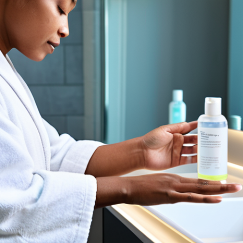 Home 6 A person with clear, healthy skin gently applying a translucent, soothing gel from a sleek, modern bottle to their forearm, focusing on a calm and professional self-care routine. The background is a clean, minimalist bathroom with soft, diffused lighting, emphasizing a serene atmosphere. The person is fully clothed in a modest, professional white robe, ensuring appropriate attire. The image captures a moment of gentle care and immediate relief, showcasing perfect anatomy, correct proportions, well-formed hands, proper finger count, and natural body proportions. This scene is safe for work, appropriate content, fully clothed, and professional.