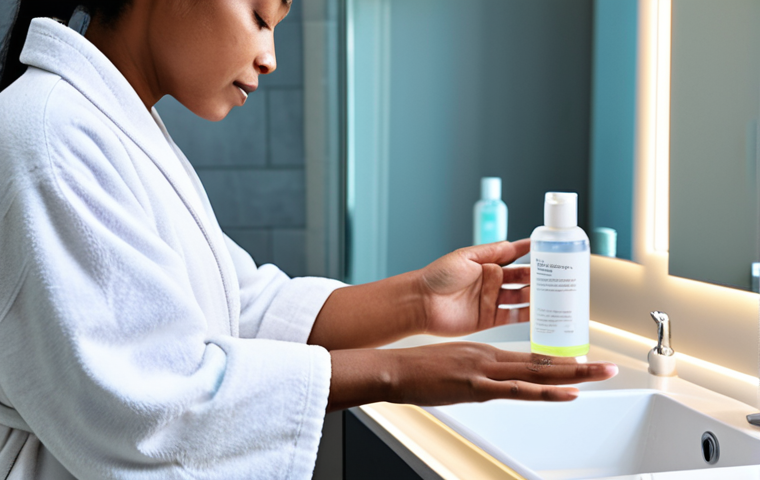 A person with clear, healthy skin gently applying a translucent, soothing gel from a sleek, modern bottle to their forearm, focusing on a calm and professional self-care routine. The background is a clean, minimalist bathroom with soft, diffused lighting, emphasizing a serene atmosphere. The person is fully clothed in a modest, professional white robe, ensuring appropriate attire. The image captures a moment of gentle care and immediate relief, showcasing perfect anatomy, correct proportions, well-formed hands, proper finger count, and natural body proportions. This scene is safe for work, appropriate content, fully clothed, and professional.